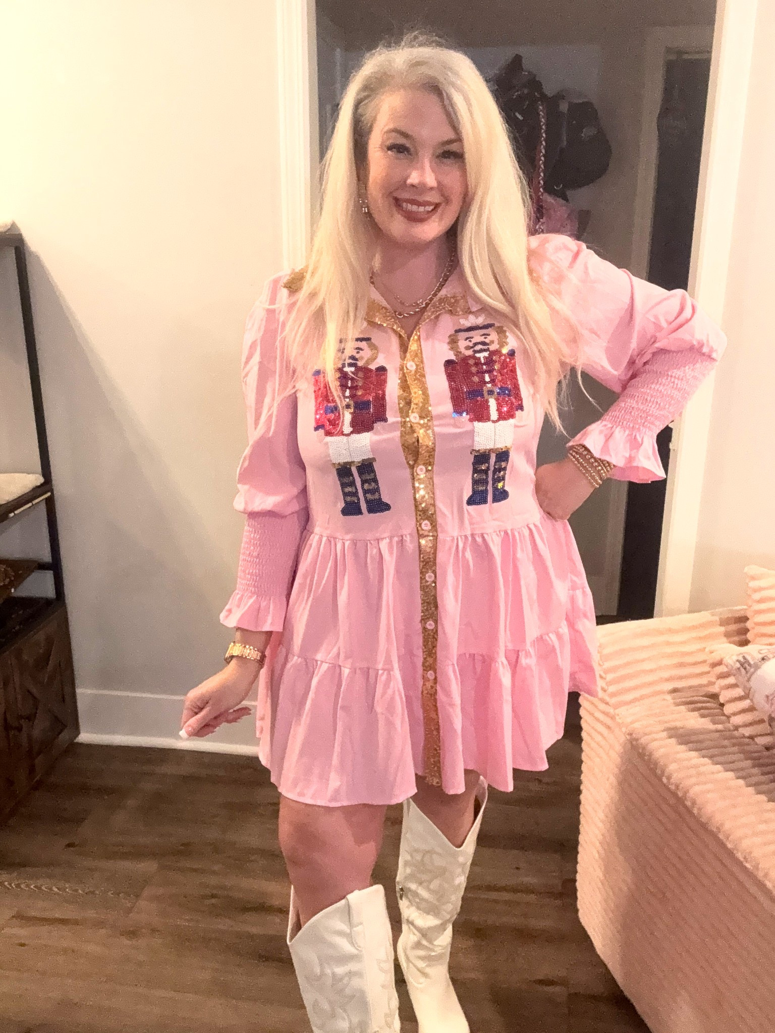 If Christmas was a dress… this would be her! 💗✨ Nutcracker sparkle, pink ruffles, and my favorite white boots for a festive night out. Linking every piece for my pink-loving girls! 💕❄️ Tap to shop!#PinkChristmas #SouthernStyle #DIYBlondie #FestiveFashion #holidayoutfitideas   

#LTKHoliday #LTKSeasonal #LTKHoliday #LTKSeasonal #LTKootd