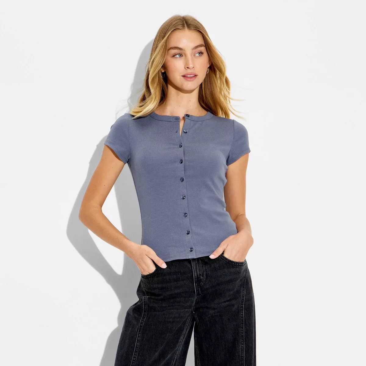 Women's Cap Sleeve Round Neck Button-Down Shirt - Wild Fable™ Dark Blue XS | Target