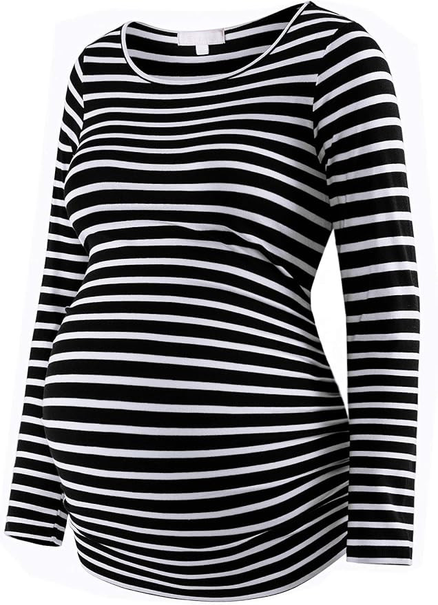 Maternity Shirt Long Sleeve Basic Top Ruch Sides Bodycon Tshirt for Pregnant Women | Amazon (US)