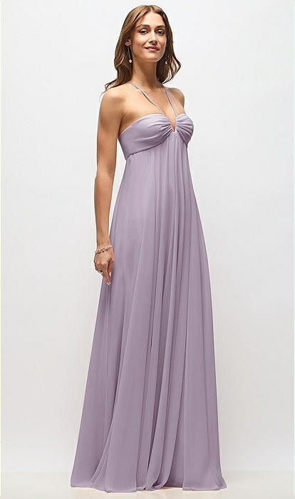 Empire Waist Chiffon Halter Maxi Dress with Convertible Spaghetti Straps in Lilac Haze | Dessy Group