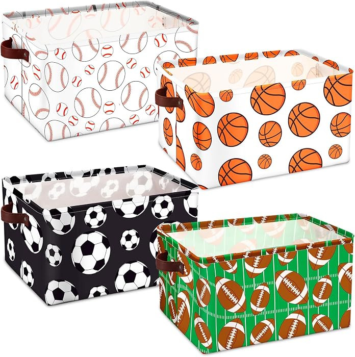 4 Pcs Sports Ball Storage Basket Bin Fabric Toys Storage Cube with Handles Collapsible Closet She... | Amazon (US)