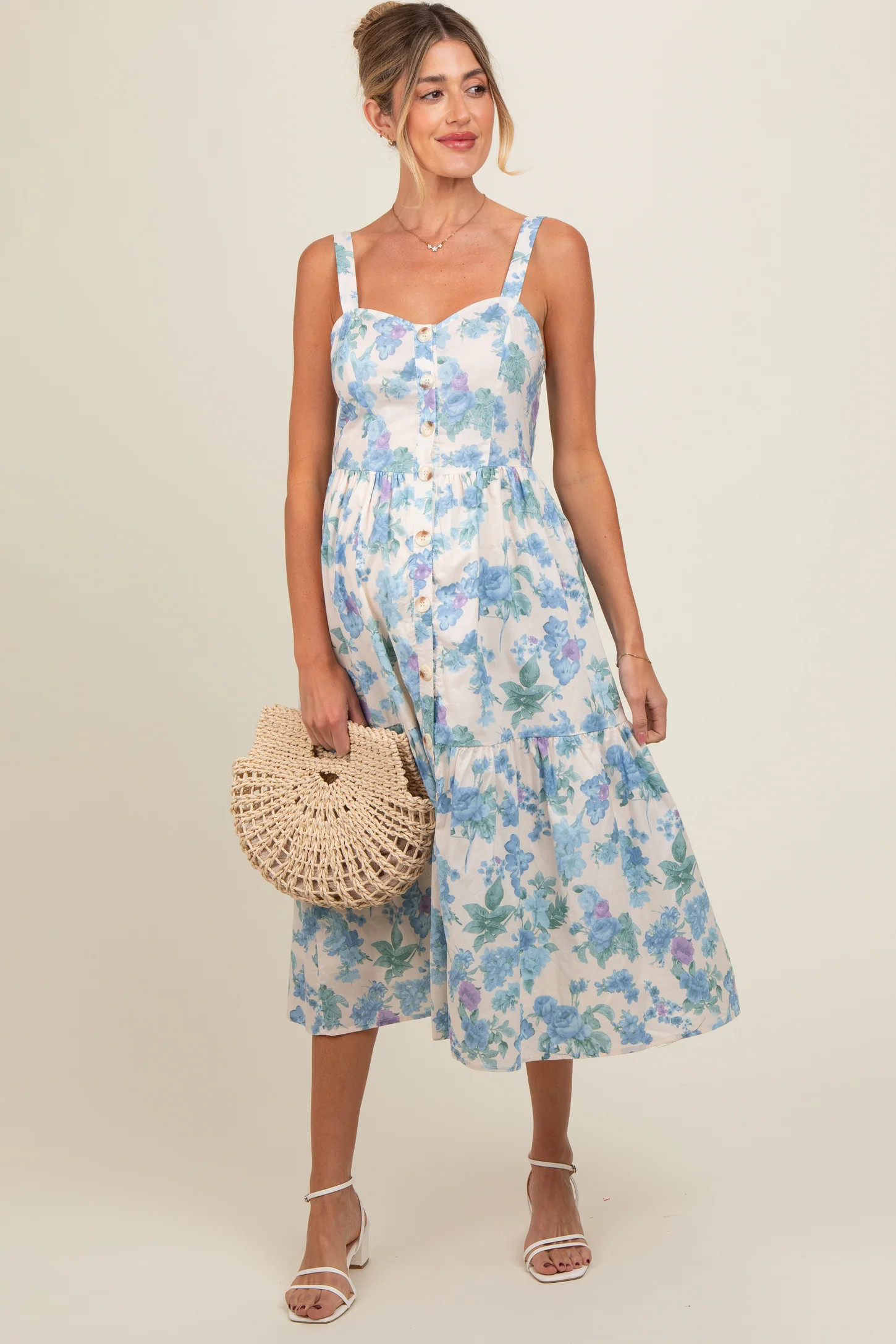 Blue Floral Sweetheart Neck Button Front Maternity Midi Dress | PinkBlush Maternity