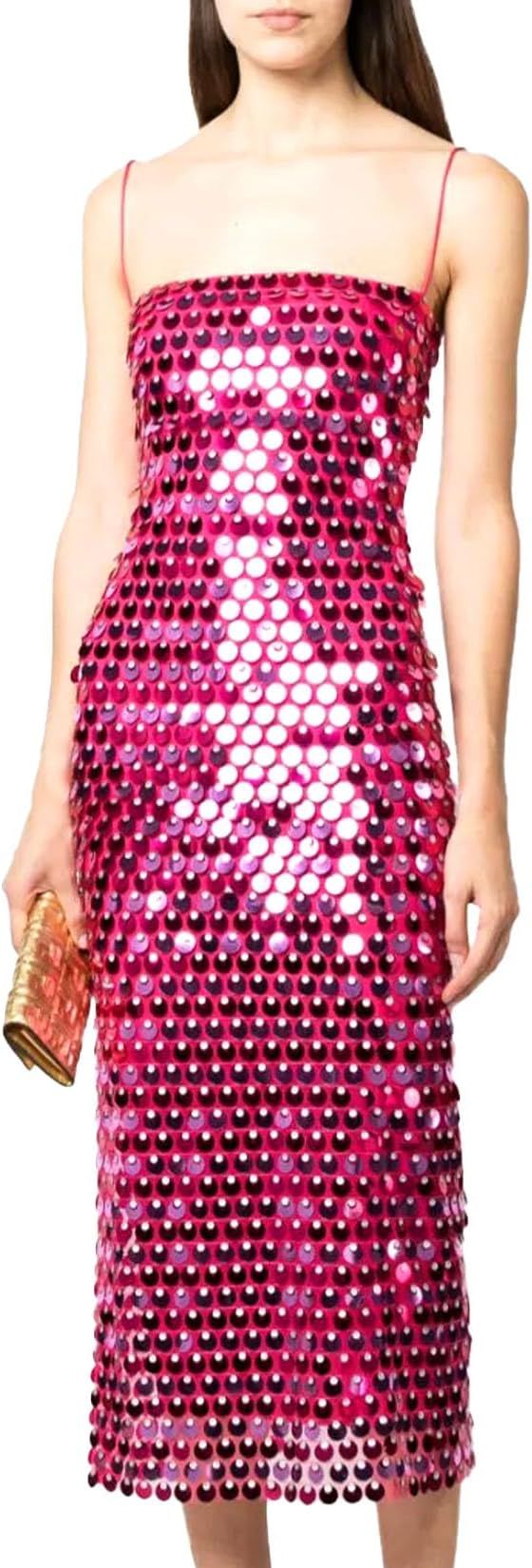 JSXZMMSM Womens Sequin Dress Sparkly Sleeveless Spaghetti Strap Slit Cocktail Wedding Midi Dress | Amazon (US)