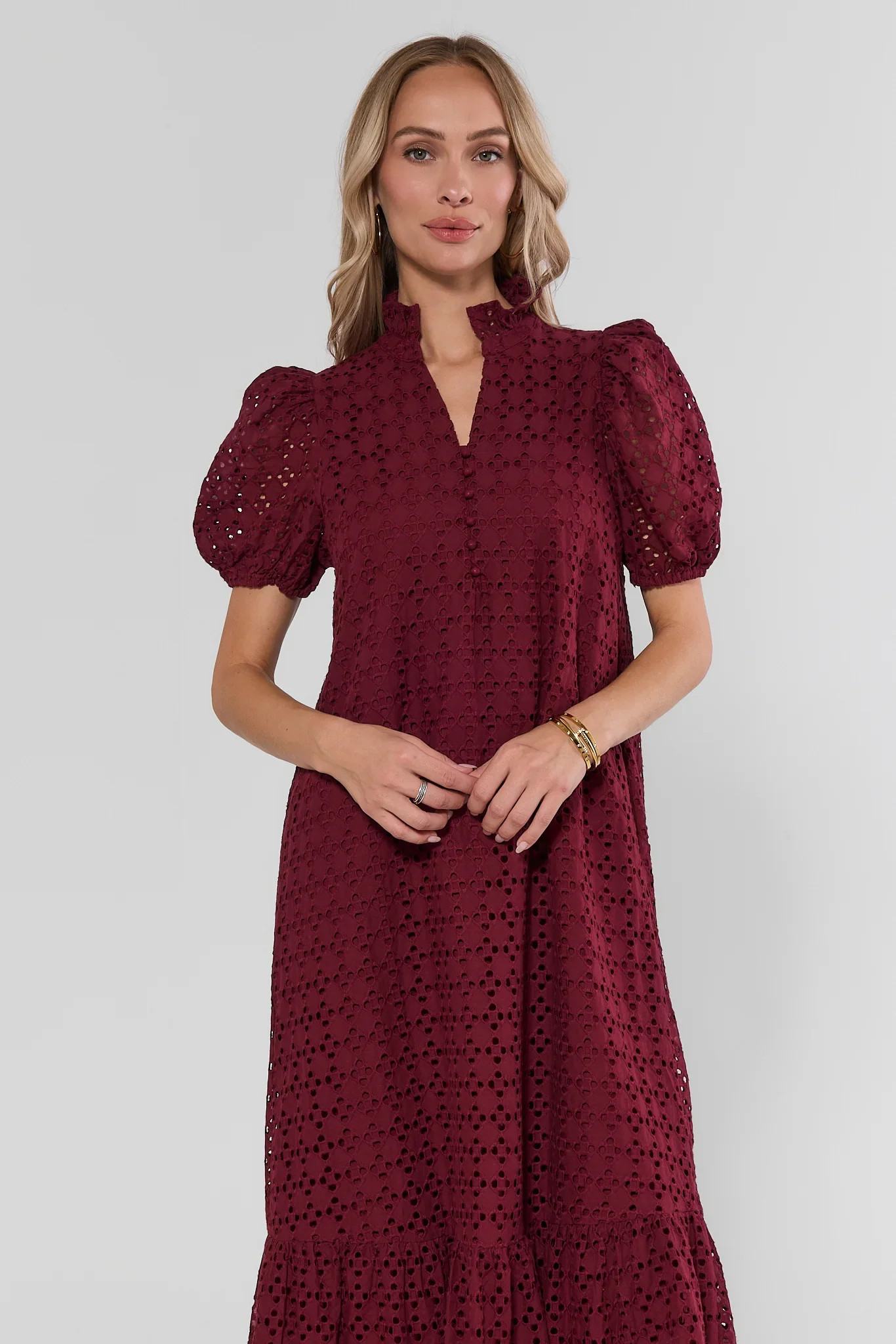 Burgundy Eyelet Overlay Maxi Dress | Avara