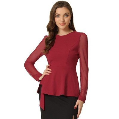 INSPIRE CHIC Women's Peplum Mesh Sheer Long Sleeve Round Neck Belted Work Top Red Small | Target