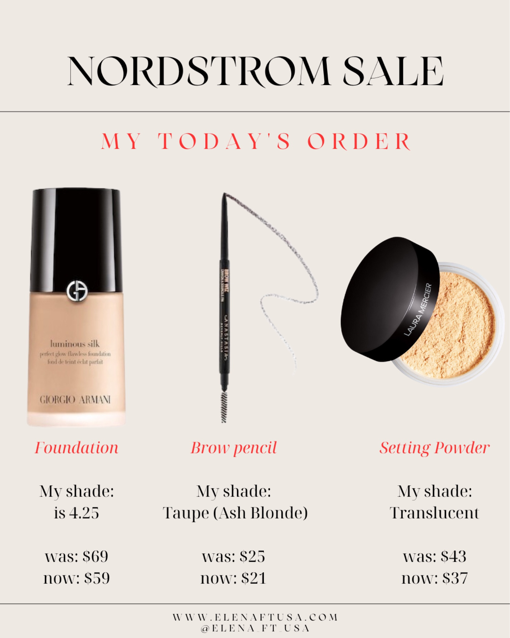 Nordstrom beauty sale
Giorgio Armani Luminous Silk Perfect Glow Flawless Foundation 
Anastasia Beverly Hills Brow pencil
Laura Mercier Setting powder

#LTKbeauty #LTKsalealert #LTKFind