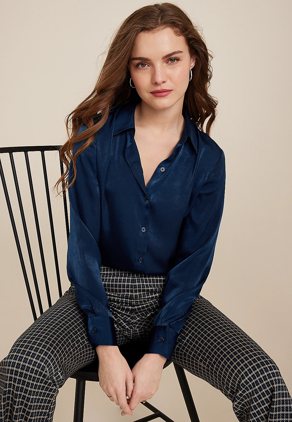 Winona Satin Button Down Blouse | Maurices