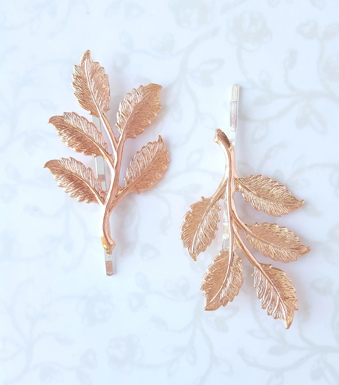 SALE - Rose Gold Leaf Bobby Pin Set of 2, Grecian Hair Pins, Woodland Rustic Nature Leaves Weddin... | Etsy (US)