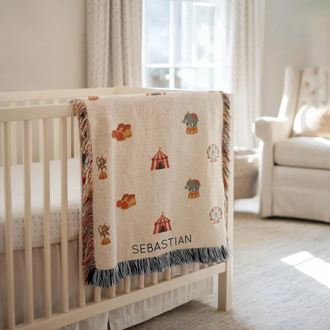 Personalized Circus Nursery Blanket, Custom Name Carnival Throw with Elephant & Tent, Red Ferris ... | Etsy (US)