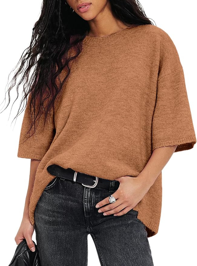 Yeokou Women Short Sleeve Sweaters Casual Oversized Crewneck Soft Knit Pullover Spring Summer Lig... | Amazon (US)