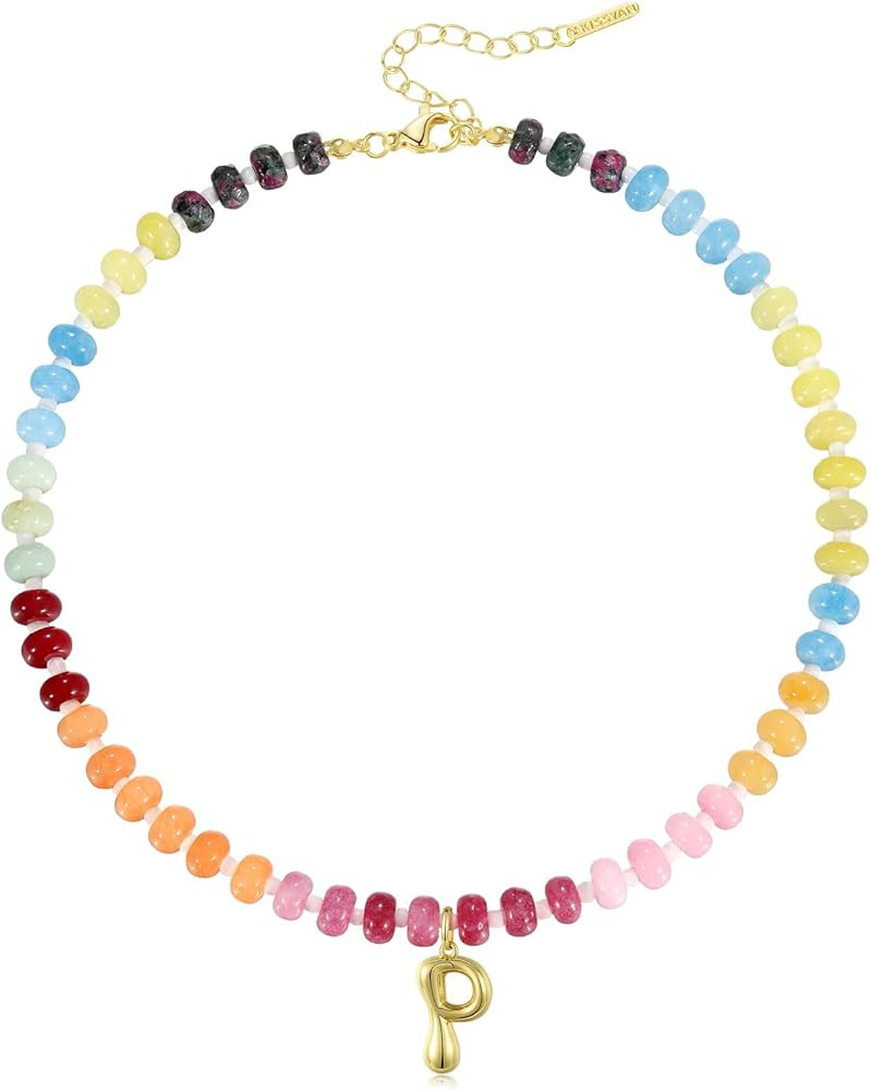KissYan Initial Necklaces for Women, Colorful Beaded Gemstone Choker 14K Gold Bubble Letter Penda... | Amazon (US)