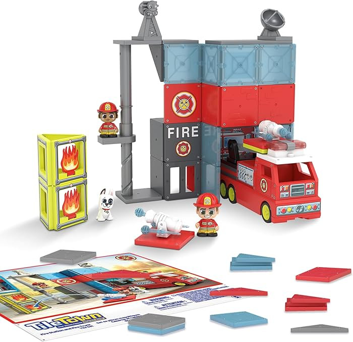 Tile Town Fire Station + Firetruck Magnetic Tiles Building Playset & Vehicle w/ Lights & Sounds +... | Amazon (US)