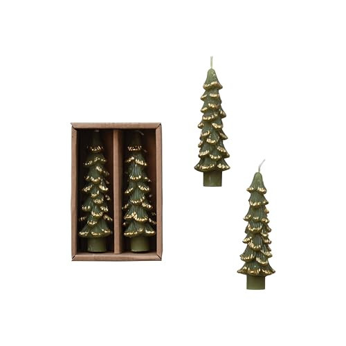 Creative Co-Op Unscented Textured Tree Shaped Taper Candles with Gold Tips in Box, Evergreen Color, Set of 2 | Amazon (US)