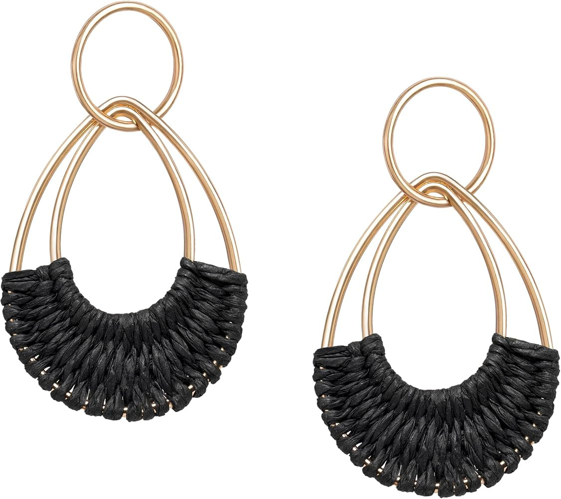 Raffia Hoop Earrings for Women Fun Boho Summer Beach Earrings Lightweight Handmade Straw Wicker R... | Amazon (US)