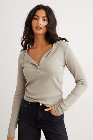 Nyla Long Sleeve Henley Ribbed Top | Dynamite Clothing