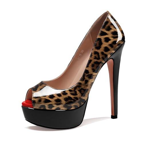 AUMOTED Leopard High Heel Pumps Open Toe Pumps Platform High Heels 14 CM Profession Pumps Wedding Party Patent Leather US Size 7.5 | Amazon (US)