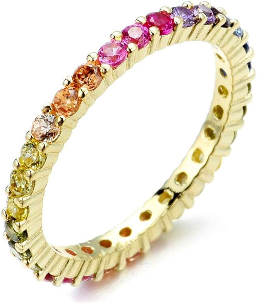 Women's 2mm Sterling Silver Gold Plated CZ Round Rainbow Pride Collection Eternity Ring | Amazon (CA)