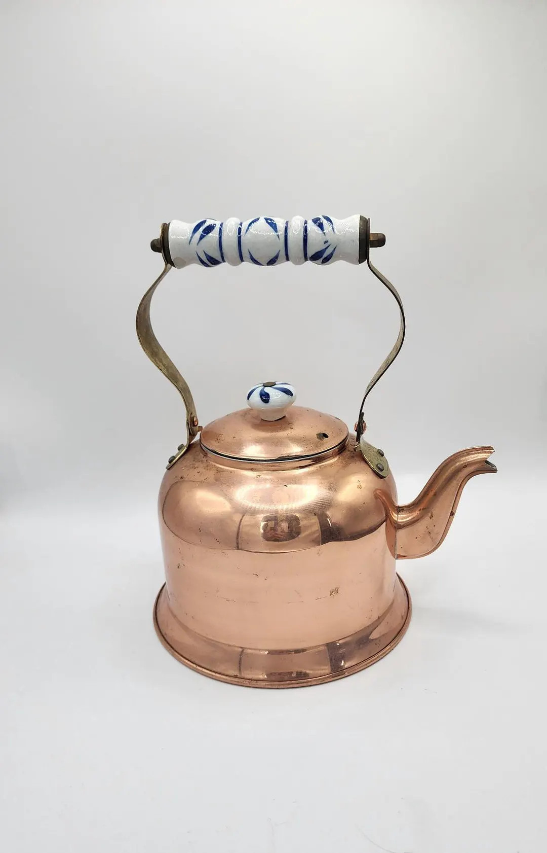 Vintage Copper Tea Kettle With Handle- Blue & White Ceramic Hardware Accents - Etsy | Etsy (US)