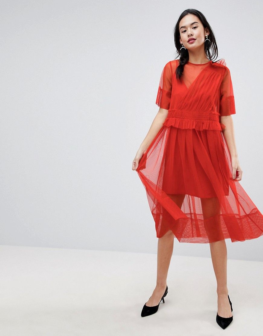 ASOS Tulle Midi Dress with Ruching - Multi | ASOS US