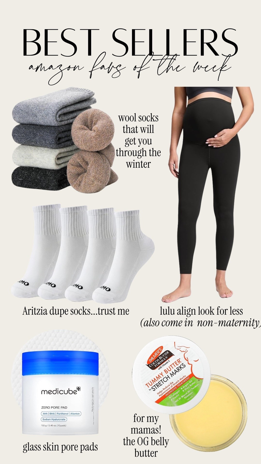 Amazon best sellers of the week! Maternity leggings, my absolute favorite socks, medicube pore pads and belly butter for mamas

#LTKmorningroutine #LTKBeauty #LTKBump