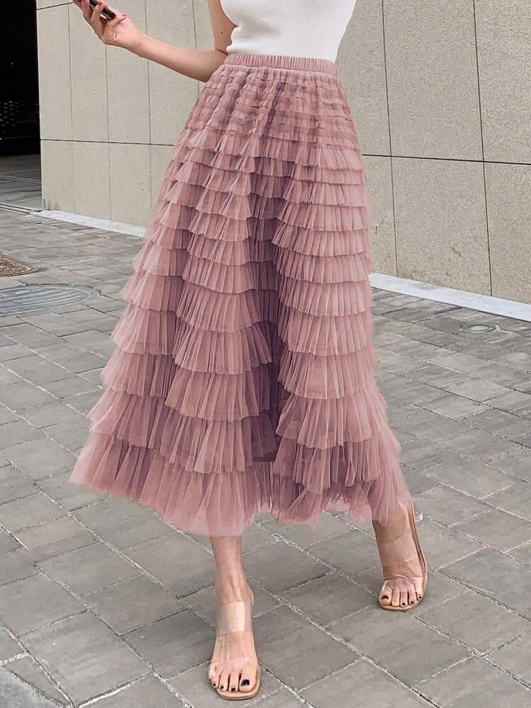 DAZY Solid Layer Ruffle Hem Mesh Skirt Valentine Valentine's Day,Back To School Clothes | SHEIN