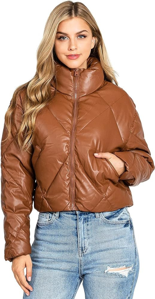 Love Tree Women's Juniors Faux Leather Cropped Puffer Jacket | Amazon (US)