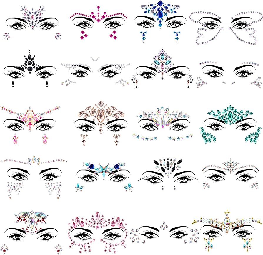 SIQUK 20 Sets Face Jewels Mermaid Face Gems Rave Face Jewel Rhinestones Face Crystal Face Sticker... | Amazon (US)