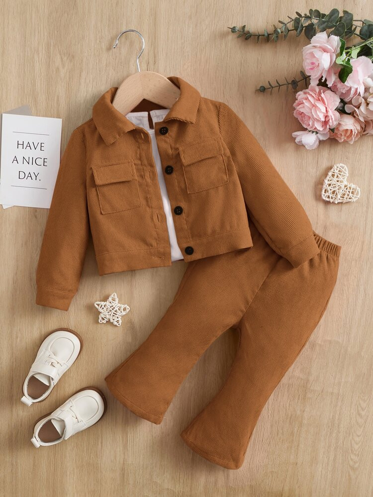 SHEIN Baby Flap Pocket Jacket & Flare Leg Pants Without Tee | SHEIN