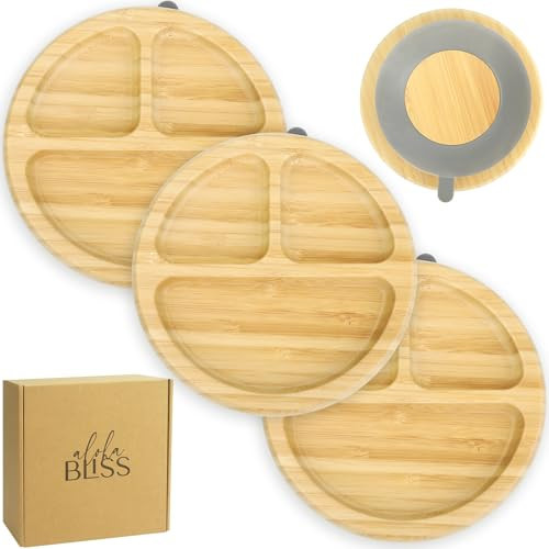 3PCS Bamboo Suction Plates for Babies - Baby Suction Food Plate - Suction Plates for Toddlers - 3 Sectioned Toddler Plates for Easy Feeding & Mess-Free Meals - Suction Plates for Baby and Toddlers | Amazon (US)