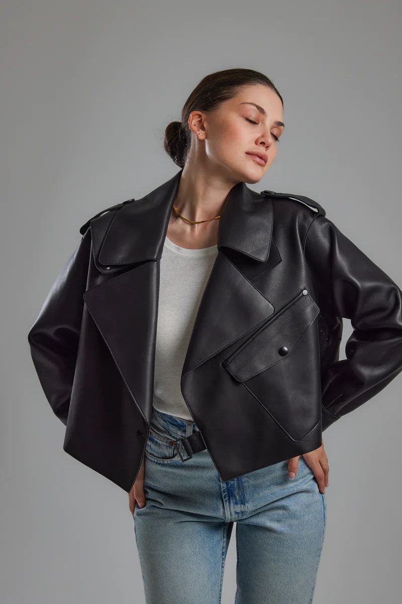 Black Oversized Leather Jacket | Jane and Tash Bespoke