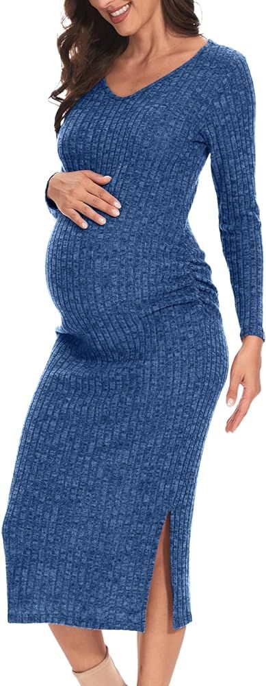 LAHILO V-Neck Maternity Sweater Dress, Fall Maternity Dress, Long Sleeve Side Ruch Knit Ribbed Ma... | Amazon (US)