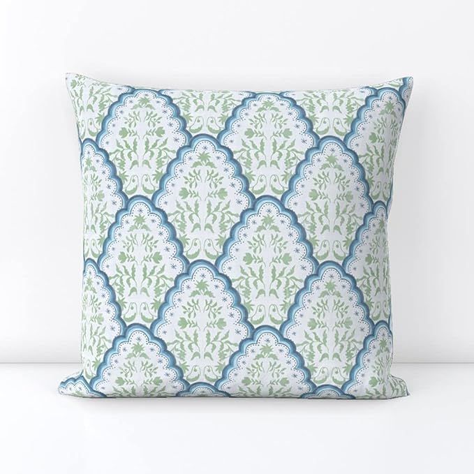 Spoonflower Square Throw Pillow, 18", Linen Cotton Canvas - Green Blue Paisley Traditional Scallo... | Amazon (US)