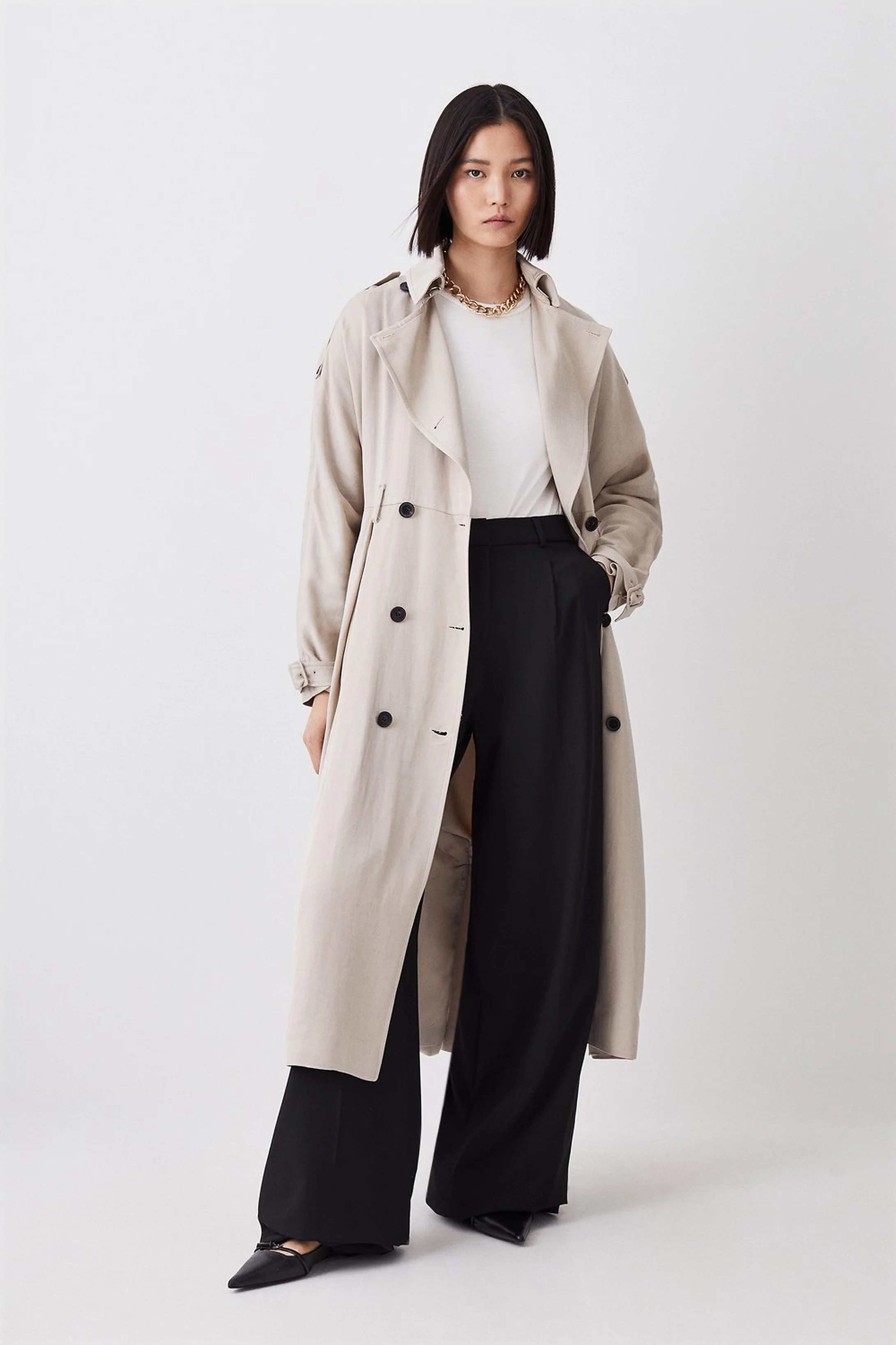 Premium Linen Rounded Sleeve Trench Coat | Karen Millen UK + IE + DE + NL
