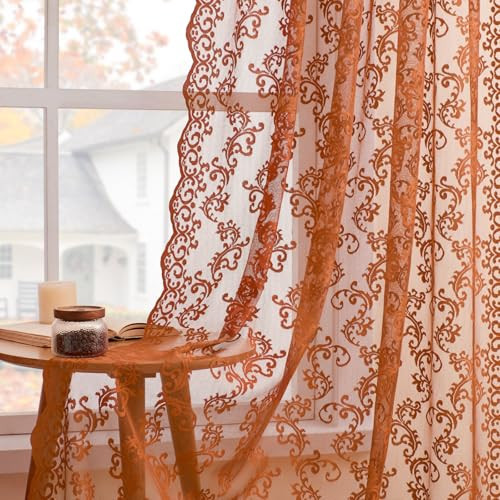 Brunt Orange Lace Curtains 63 Inch Length 2 Panels Set - Rustic Terracotta for Bedroom Living Room, Rod Pocket Light Filtering Vintage Country Fall Autumn Pumpkin Decor, 52x63 | Amazon (US)