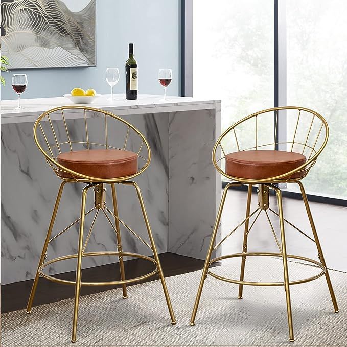 Awonde 24" Swivel Bar Stools Set of 2 Gold Metal Upholstered Counter Height Barstools with Backs ... | Amazon (US)