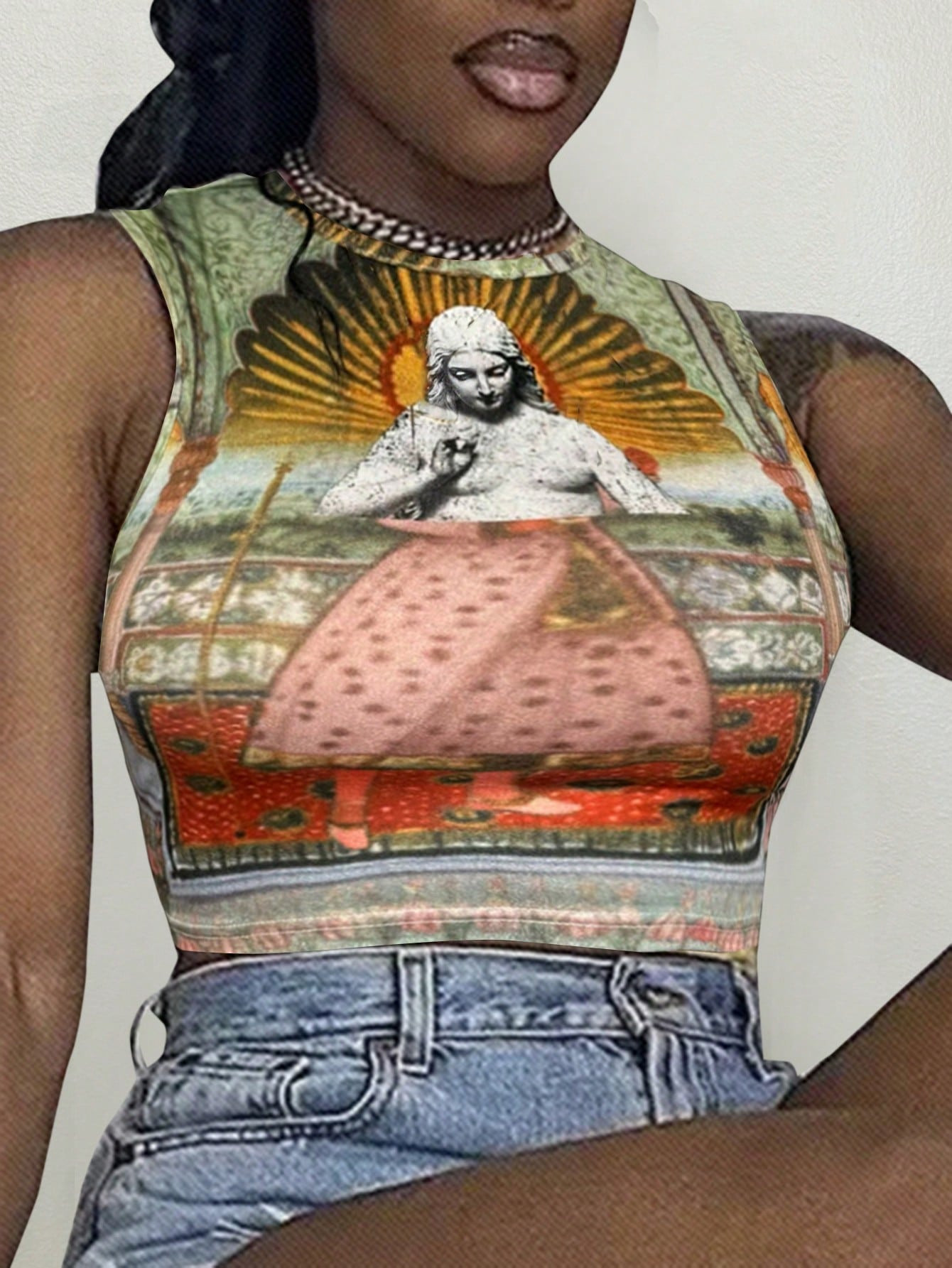 SHEIN Slayr Summer Casual Vacation Round Neck Sleeveless Truncated Slim Baroque Print Portrait Pr... | SHEIN