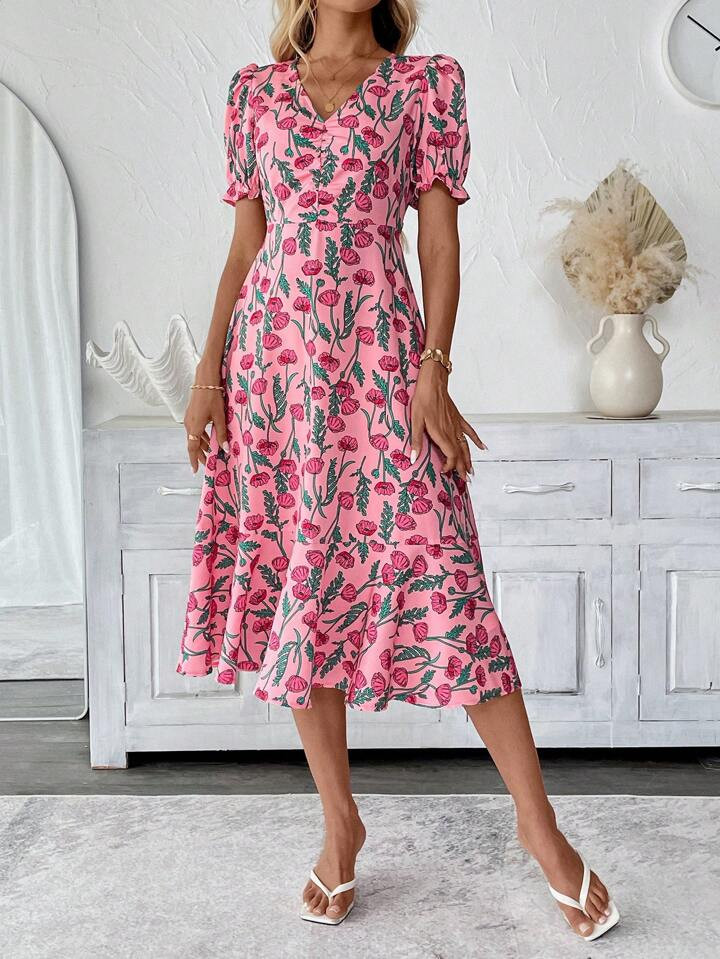 SHEIN LUNE Summer Colorful Tulip Printed Dress, Tea Party Dress, Multicolor Dress Vacation Dresses Fairy Dress Tea Party Dress Flowy Dress Summer Dress,Bohemian Clothes | SHEIN