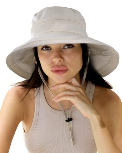 Sun Hats for Women Gardening Hat Wide Brim Ponytail Beach Sun Protection Breathable Cotton Summer Hat with Fold-Up Brim Beige | Amazon (US)
