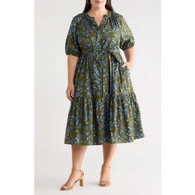 Solvay Floral Wynette Cotton Tiered Midi Shirtdress | Nordstrom