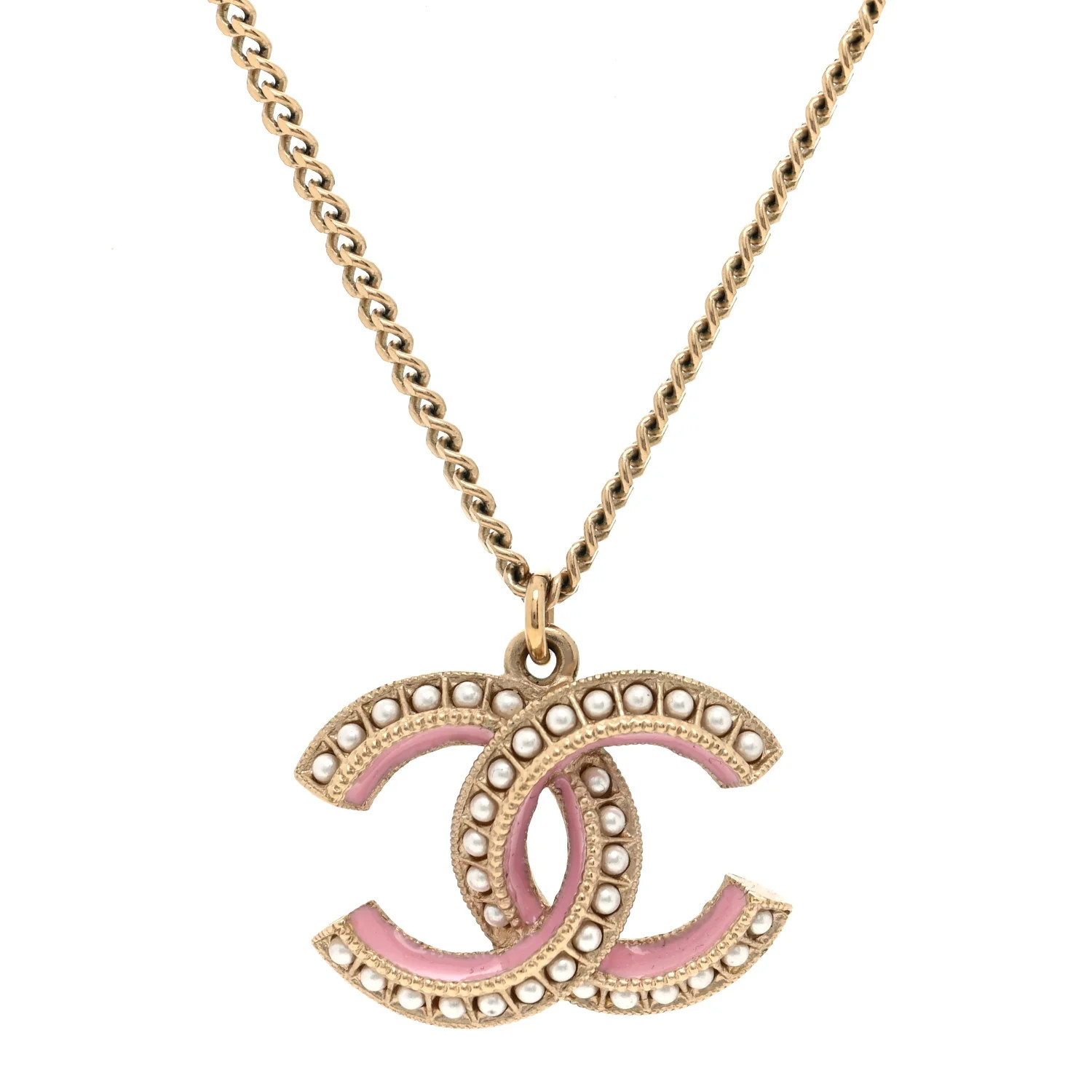 Metal Enamel Pearl CC Chain Necklace Pendant Gold Pink | FASHIONPHILE (US)