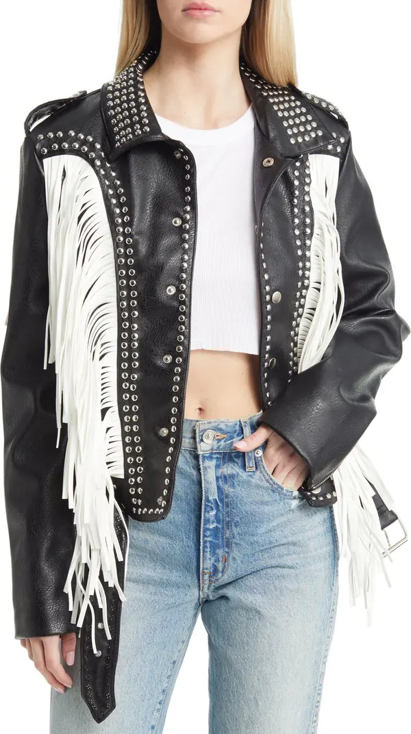 Beaded Fringe Detail Faux Leather Moto Jacket | Nordstrom