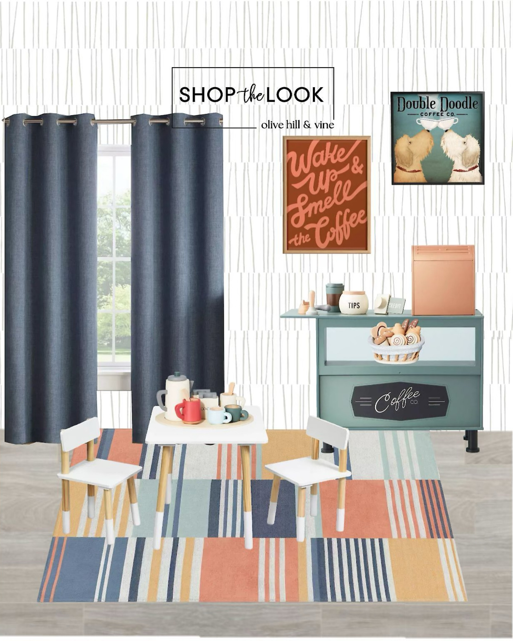 Welcome to our whimsical playroom! Imagine blackout navy curtains framing a lively space. A mini barista station awaits, complete with a baked goods basket for delightful pretend play. Vintage coffee company signs featuring doodle dogs add charm. A wood table set invites creativity, paired with a play coffee and cocoa cup set. The rug, adorned with broken stripes in blue, coral, and yellow, brings the entire space to life. It's a playful escape with a hint of coffee shop magic! 

#LTKkids #LTKfamily #LTKhome