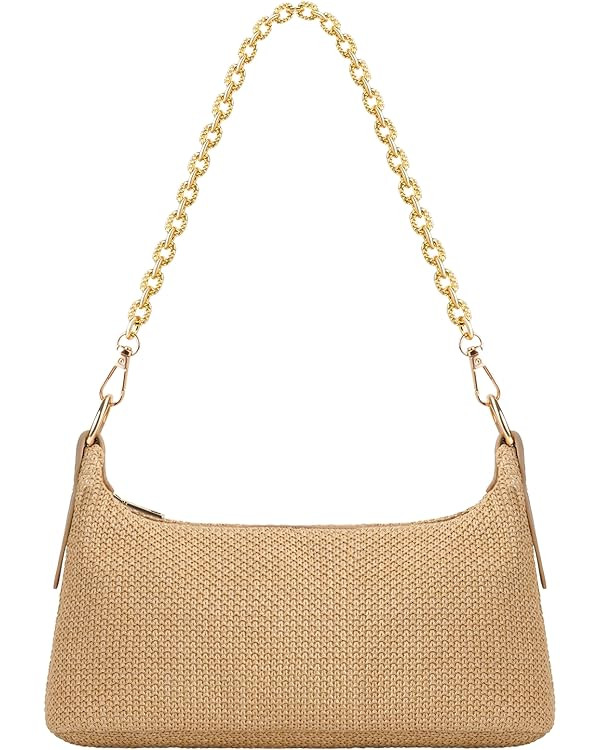 Straw Shoulder Bag for Women, Boho Woven Raffia Hobo Purse with Charm Chain | Amazon (US)