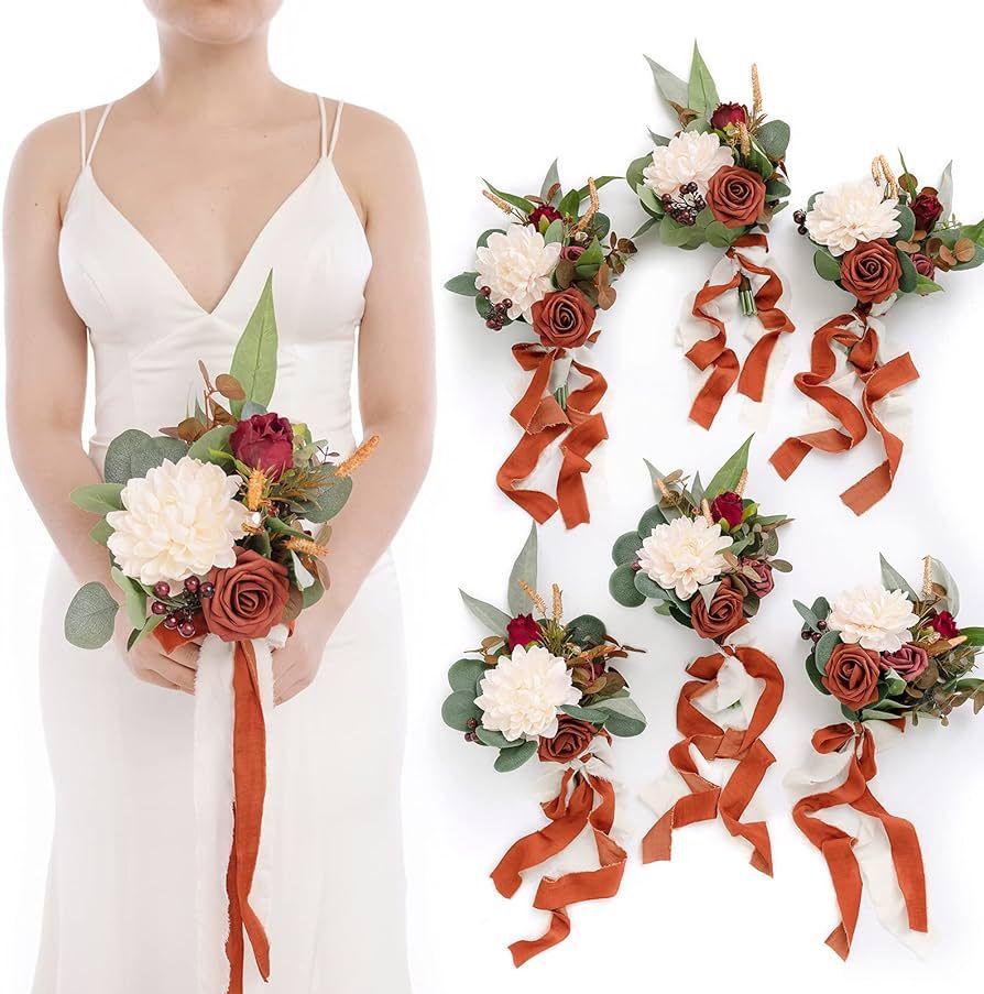 Ling's Moment 7 Inch Burnt Orange & Terracotta Artificial Flowers Bridesmaid Bouquets for Wedding... | Amazon (US)