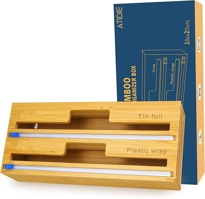 2 in 1 Bamboo Wrap Dispenser with Cutter, Aluminum Foil/Plastic Wrap Dispenser for Kitchen Drawer... | Amazon (US)