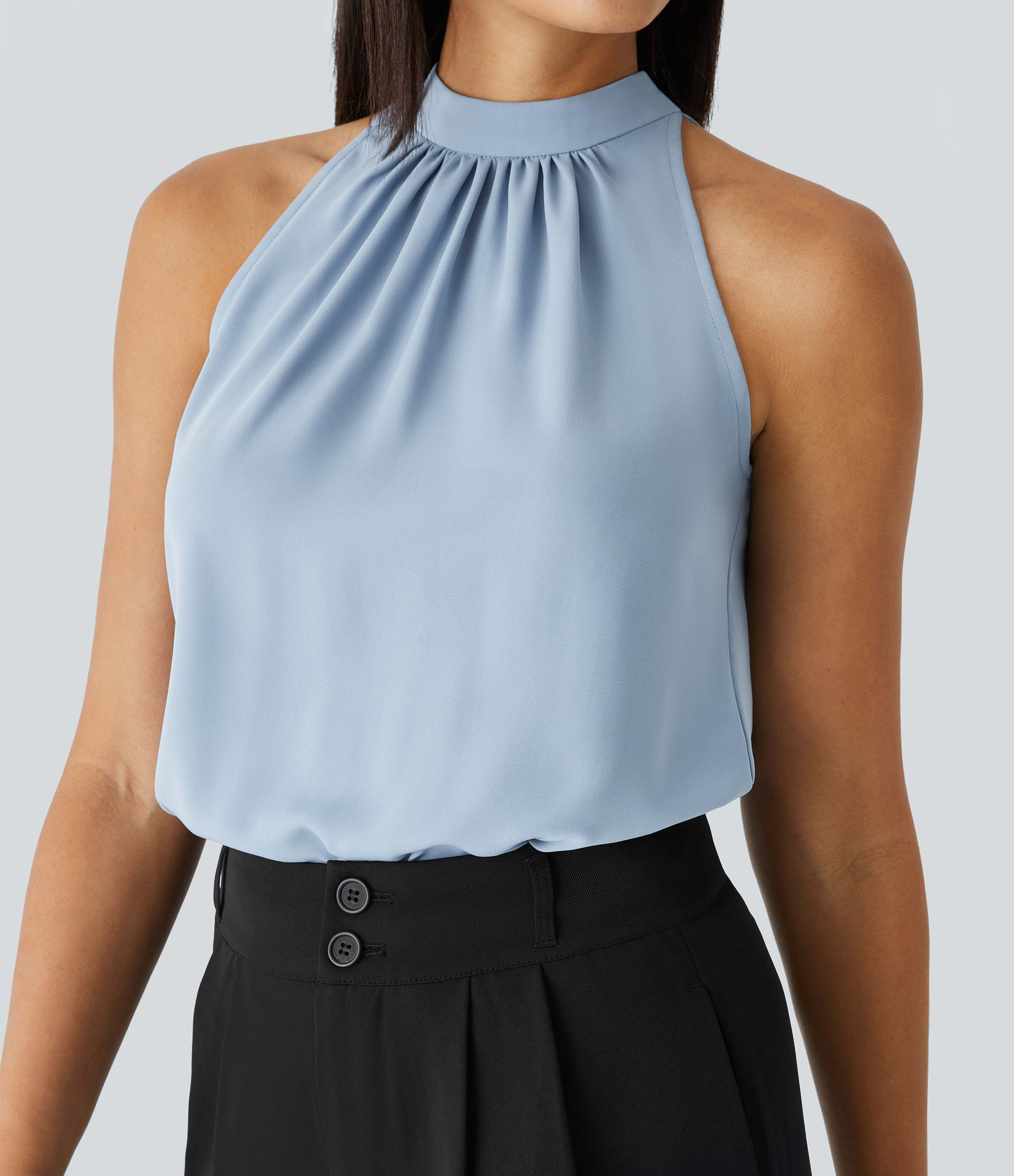 Women’s Keyhole Back Halter Sleeveless Womens Curved Hem Work Blouse Top Shirt - Halara | Halara-AU