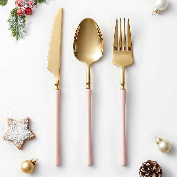 Lullaby 150pcs Gold Plastic Silverware, High End Disposable Cutlery with Pink Handle Include 50 F... | Amazon (US)