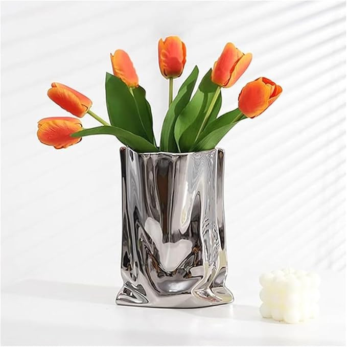 Ceramic Silver Flower Vase, Crinkle Paper Shape, Metal Decorative Home Accent (Large) | Amazon (US)