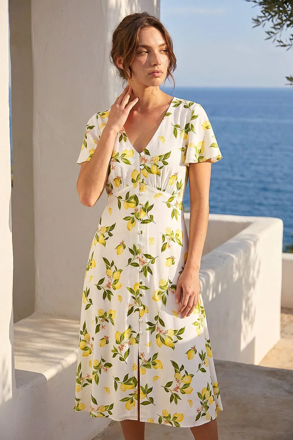 Ivory Roman Petite Lemon Print Button Tea Dress | Debenhams | Debenhams UK
