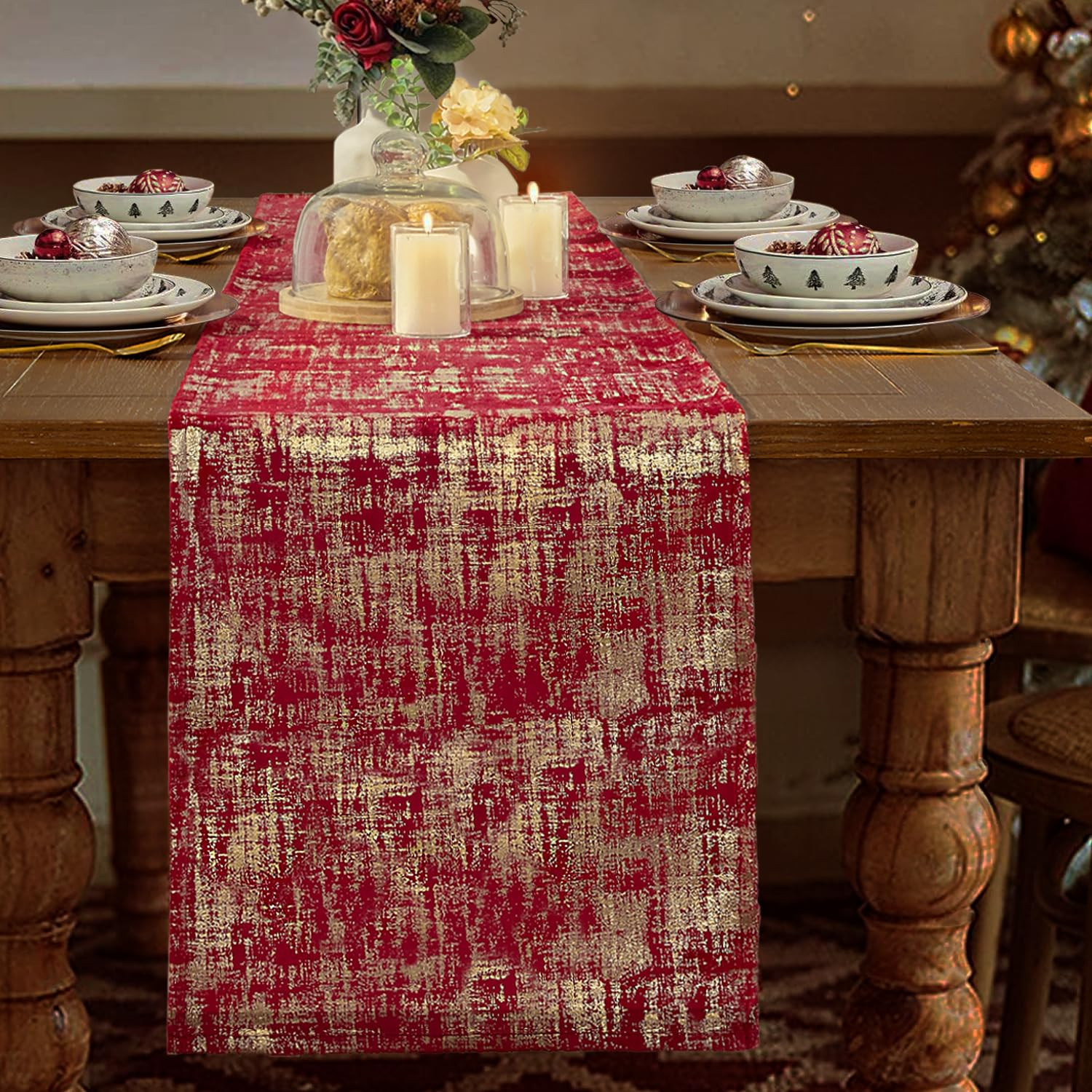 Christmas Table Runner 72 Inches Long for Dining Kitchen,Red and Gold Christmas Table Decor Decor... | Amazon (US)